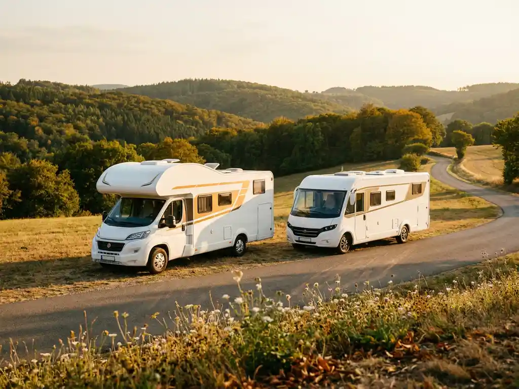 Alkoof camper en integraal rijdend naast elkaar op een zonnige weg door glooiend groen Europees landschap.