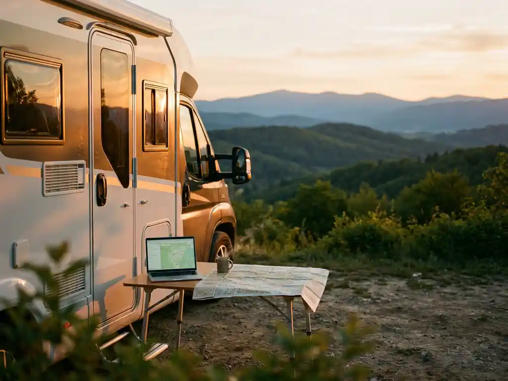 Moderne campervan op berguitkijkpunt met laptop en reiskaart op klaptafel, gouden middaglicht over groene heuvels.