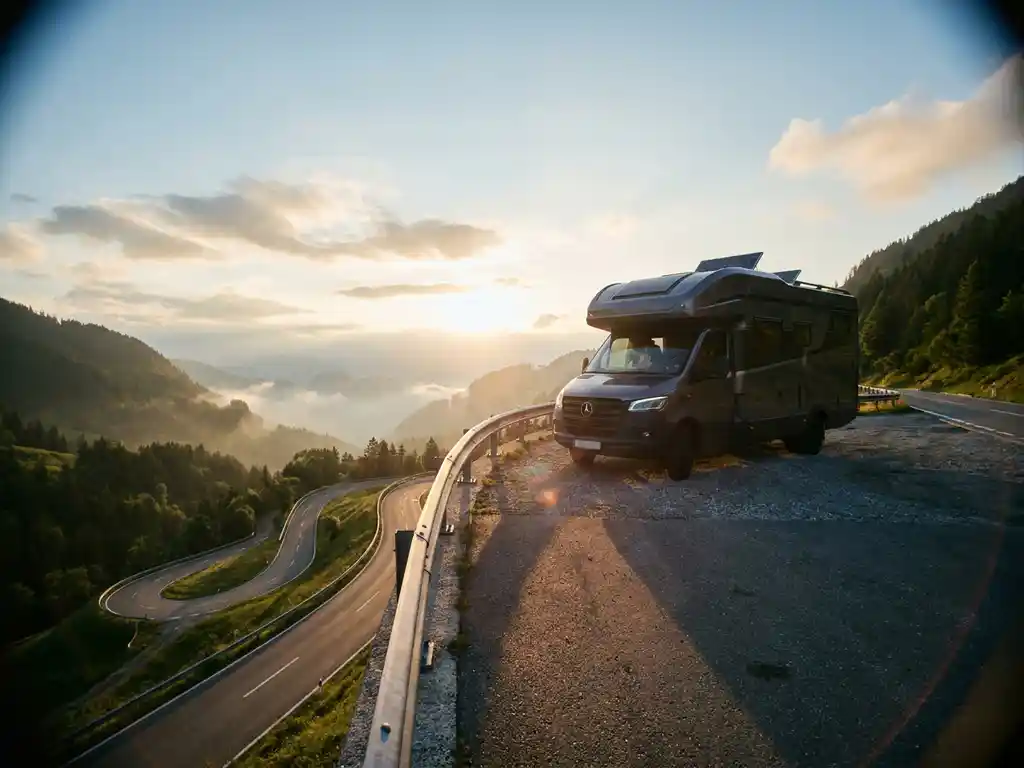 Moderne camper geparkeerd op een bergpas met kronkelende Europese weg, mistige alpiene valleien en gouden middagzon.