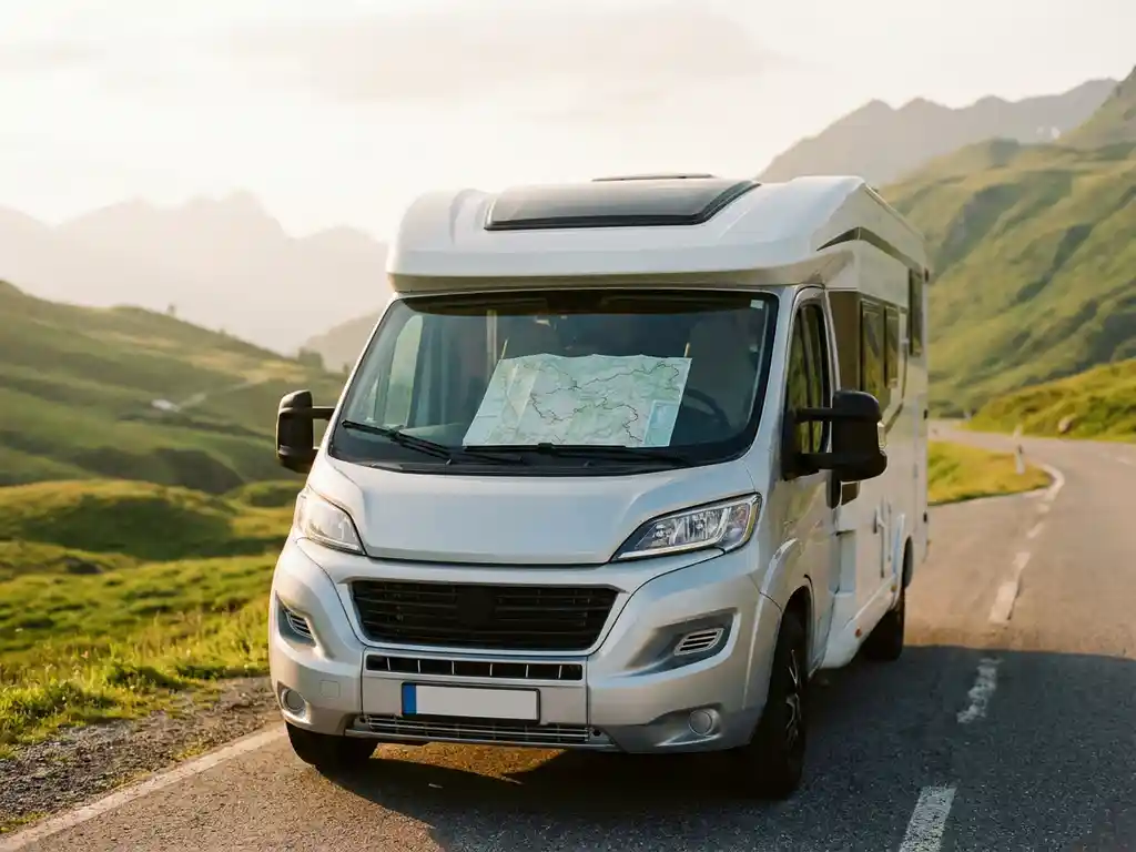 Moderne campervan op Europese bergweg met papieren wegenkaart op dashboard, omgeven door Alpien landschap in gouden middaglicht.