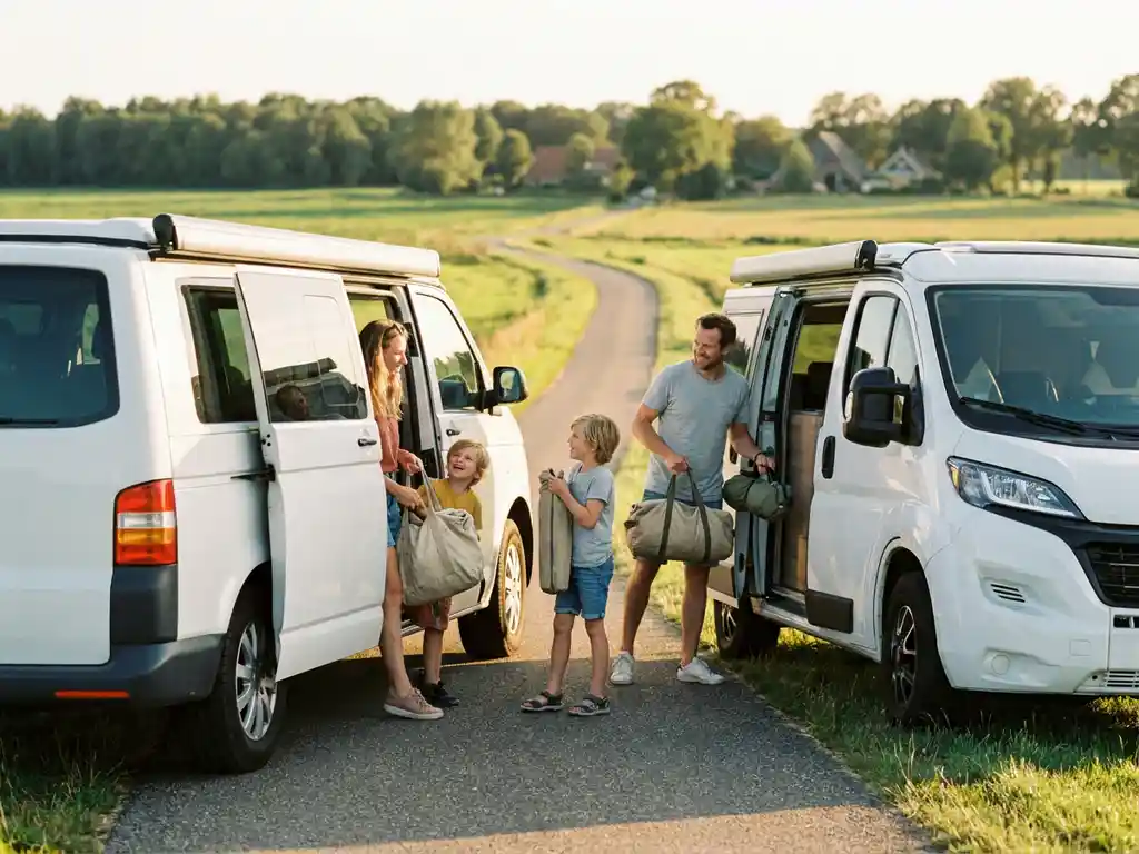 Wit camperbusje op slingerende weg door Nederlands groen landschap, gezin laadt bagage in zijdeur in warm middaglicht.