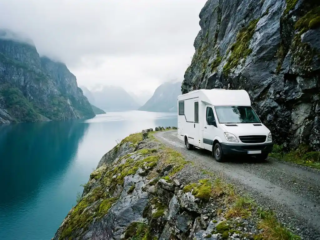 Witte campervan geparkeerd op grindweg langs Noorse fjord met turquoise water, steile kliffen en groene mosrotsen onder bewolkte lucht.