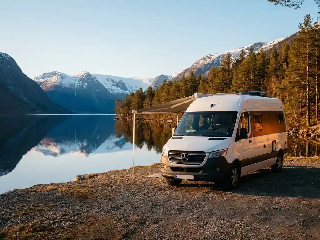 Witte campervan geparkeerd aan een spiegelgladde Noorse fjord met besneeuwde bergen en gouden avondlicht.