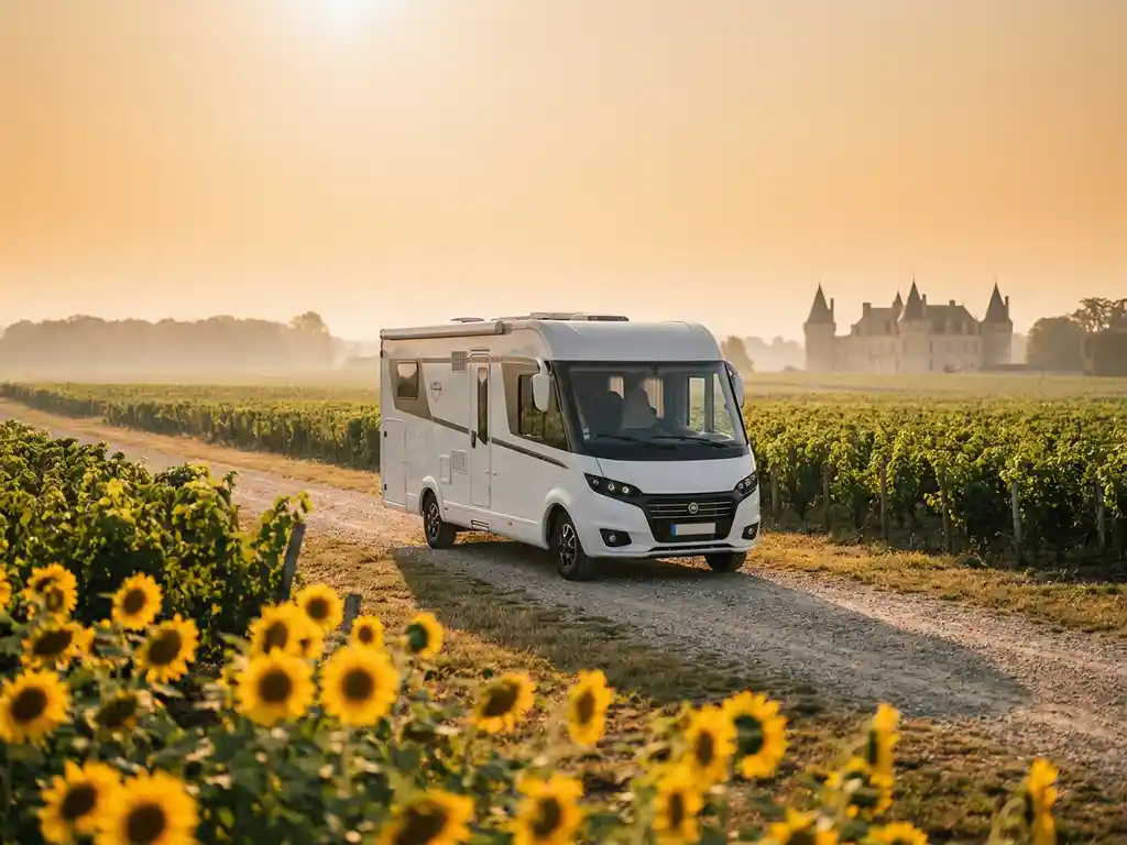 Witte camper op grindweg door Loire-vallei wijngaarden, gouden zonnebloemen op voorgrond, Frans château zichtbaar in gouden avondlicht.