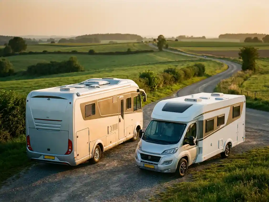 Moderne motorhome en integraal camper geparkeerd op een schilderachtige weg in het Limburgse heuvellandschap tijdens gouden uur.