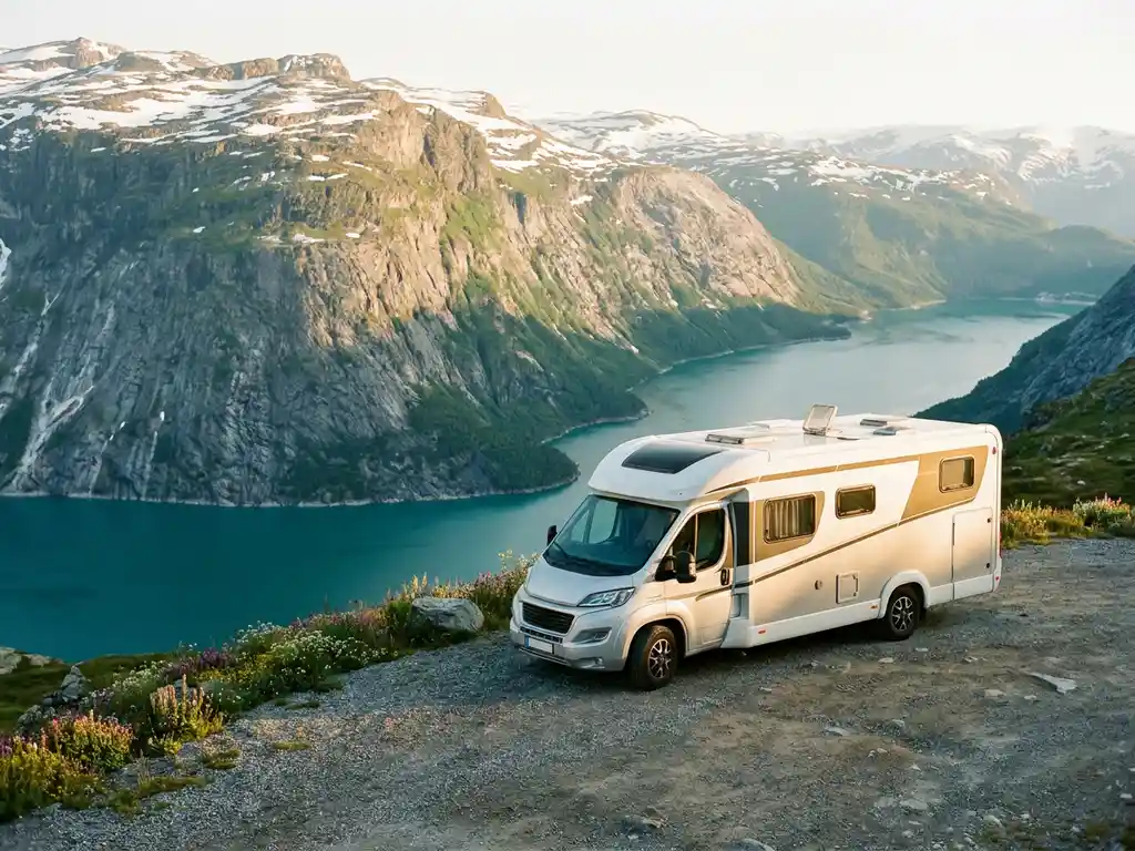 Moderne camper geparkeerd op een Noors fjorduitkijkpunt, met besneeuwde kliffen en turquoise water in het gouden middaglicht.