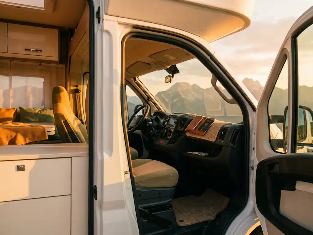 Witte campervan op Europese weg met reisdocumenten op dashboard, Alpenbergen zichtbaar door voorruit in gouden avondlicht.