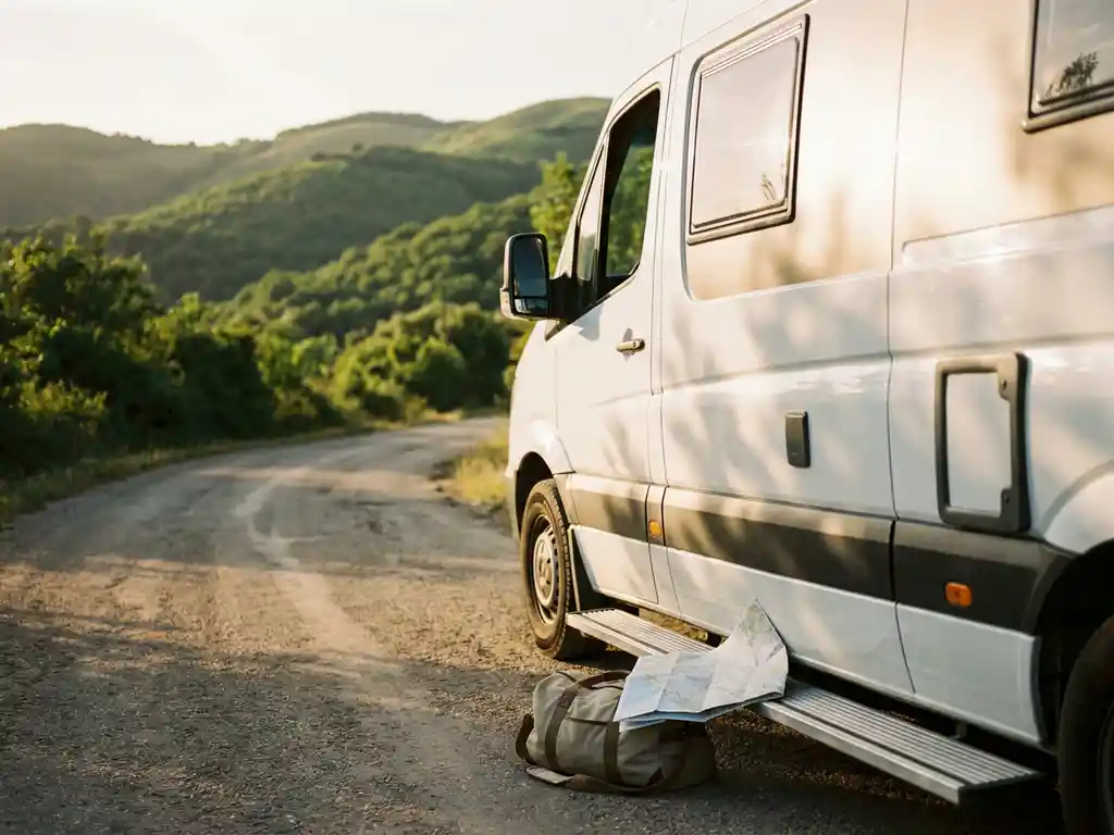 Witte campervan op zonnige weg tussen groene heuvels, met reistas en wegenkaart op de open opstap in gouden avondlicht.