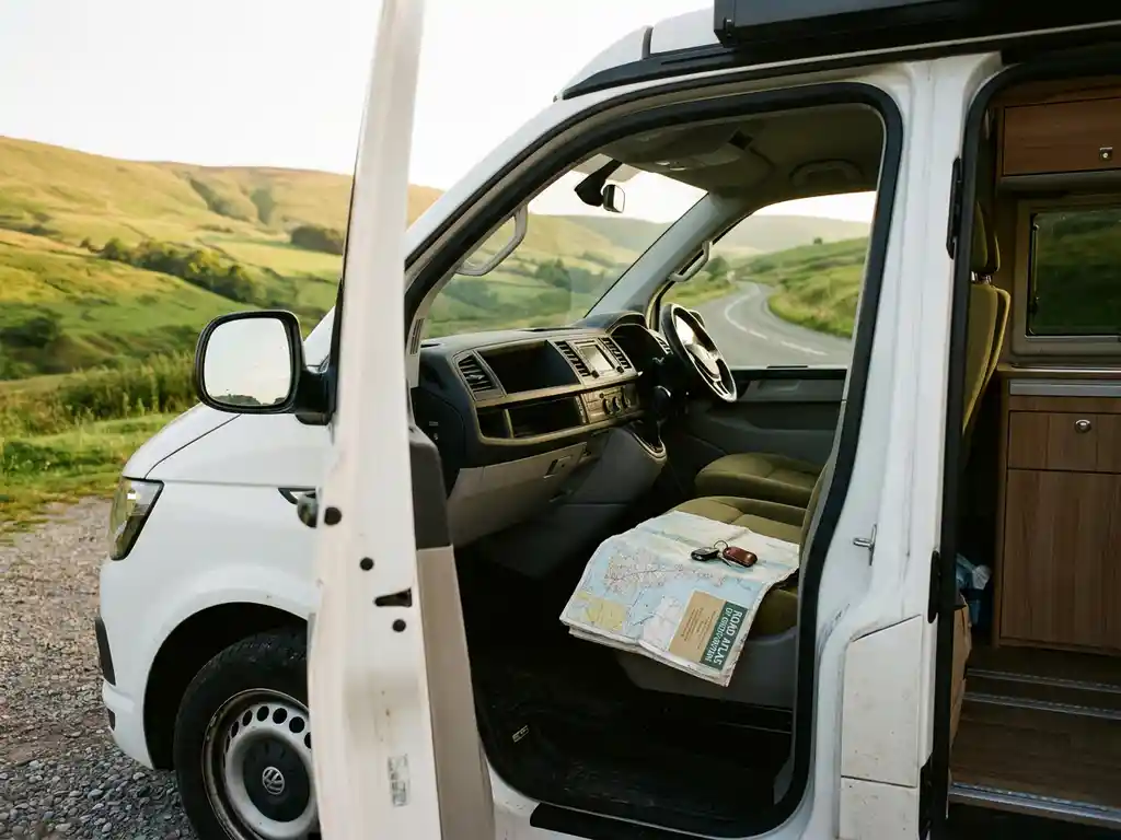 Witte campervan geparkeerd in heuvelachtig landschap, met wegenkaart en autosleutels op de passagiersstoel en groene heuvels door de voorruit.