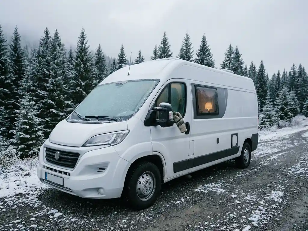Witte campervan op besneeuwde bergweg in de winter, berijpt raam met handschoen die zijspiegel schoonveegt, dennenbos op achtergrond.