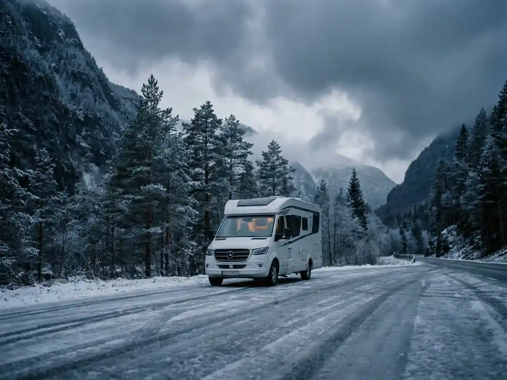 Witte campervan op besneeuwde fjordweg in Noorwegen, omringd door berijpte dennenbomen onder dreigende stormwolken.