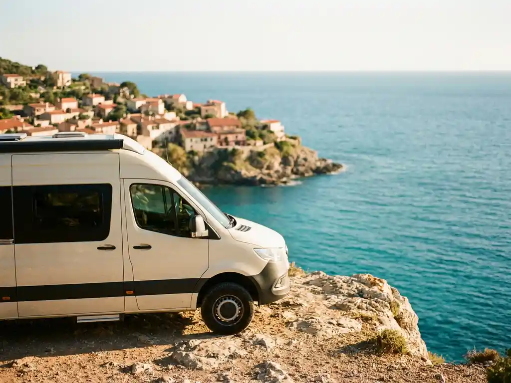 Witte campervan op zonnige Spaanse kustklif met turquoise Middellandse Zee en terracotta dorpje op de achtergrond.