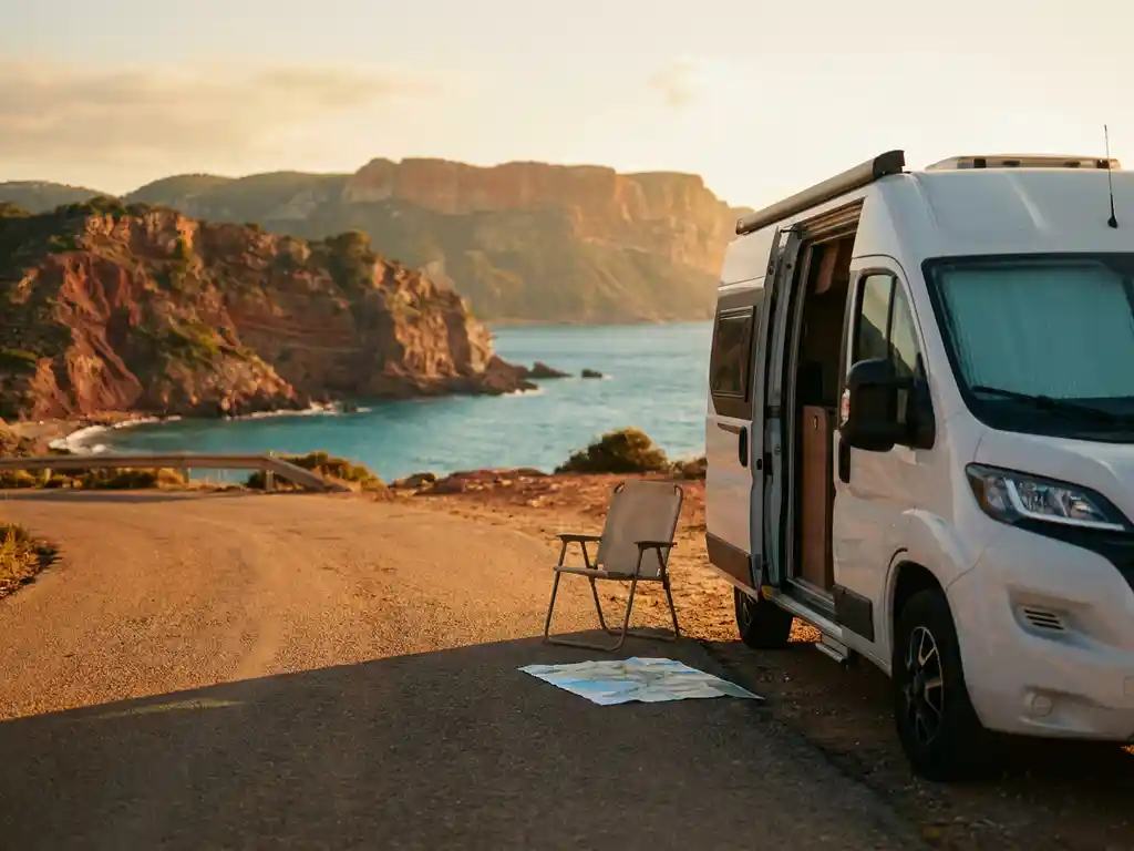 Witte campervan op een zonnige Spaanse kustweg, met rode rotskloven en turquoise Middellandse Zee op de achtergrond tijdens gouden uur.