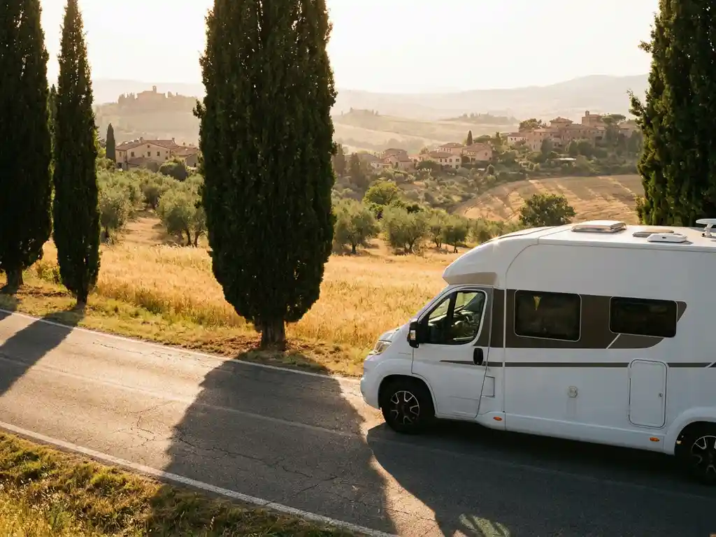 Witte campervan op een kronkelende Toscaanse weg met cipressen, gouden korenvelden en terracotta dorpjes op de heuvels.