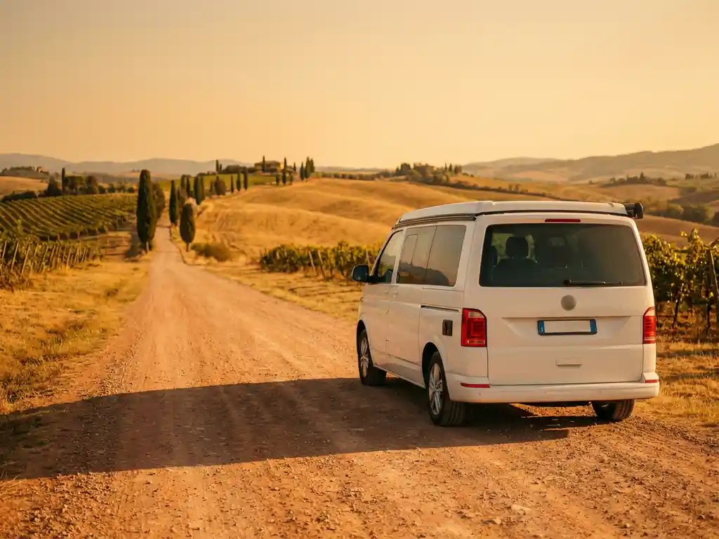 Witte campervan op een zonnige Toscaanse weg, omgeven door cipressen, wijngaarden en gouden heuvels in het middaglicht.