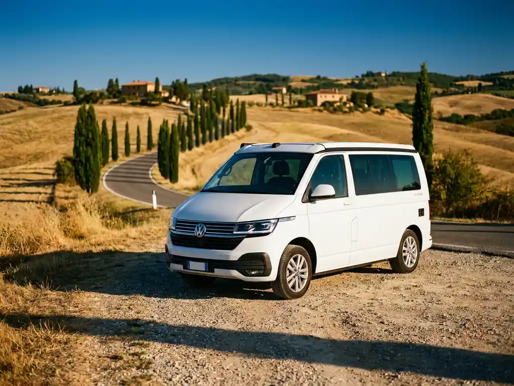 Witte campervan geparkeerd langs een Toscaanse weg, omgeven door cipressen, glooiende heuvels en warm middagzonlicht.