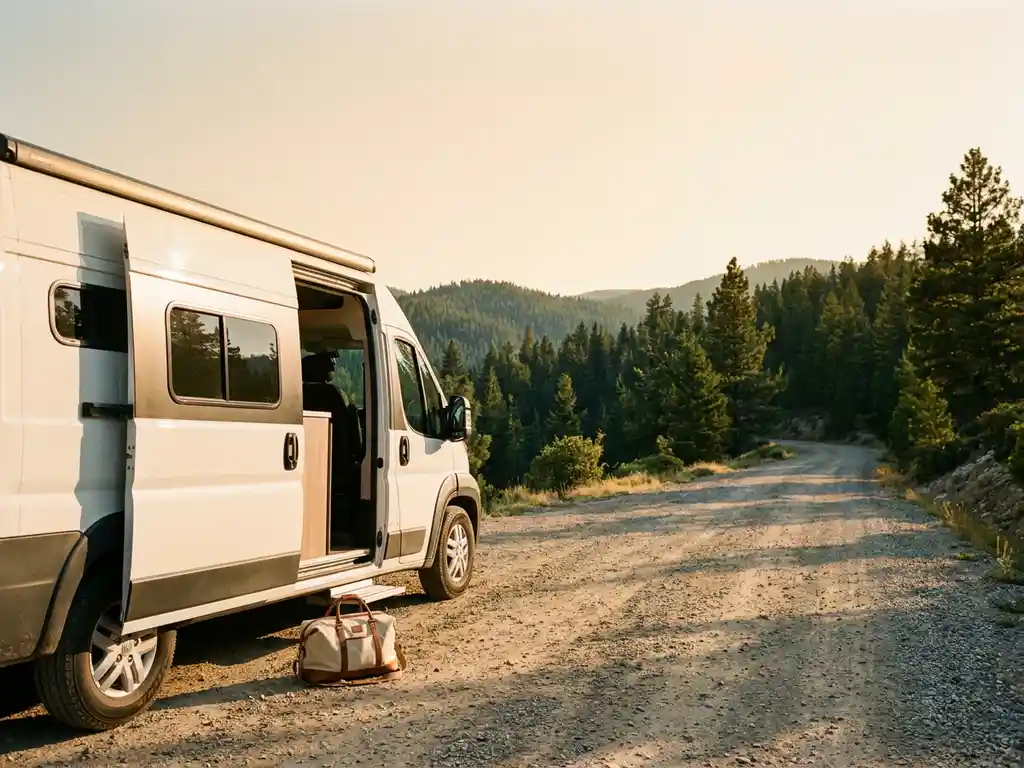 Witte campervan op een zonnige bergweg tussen dennenbomen, met reistas bij de open zijdeur tijdens gouden uurgicht.