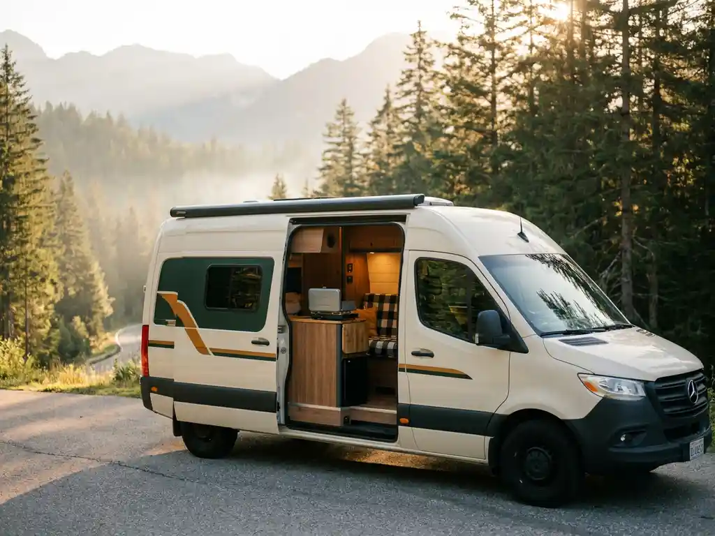 Moderne campervan op bergweg tijdens gouden uur, zijdeur open met gezellig interieur, dennenbos en mistige vallei op achtergrond.