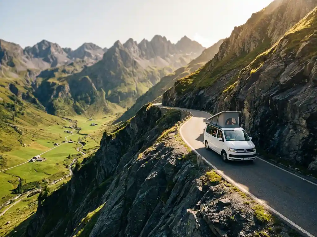 Witte campervan op een slingerende bergpas in de Franse Alpen, met rotsachtige kliffen en een groene alpiene vallei op de achtergrond.