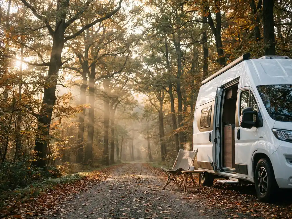 Witte campervan op een mistige herfstwegweg met gouden bomen, vouwstoel en dampende koffie bij de open zijdeur.