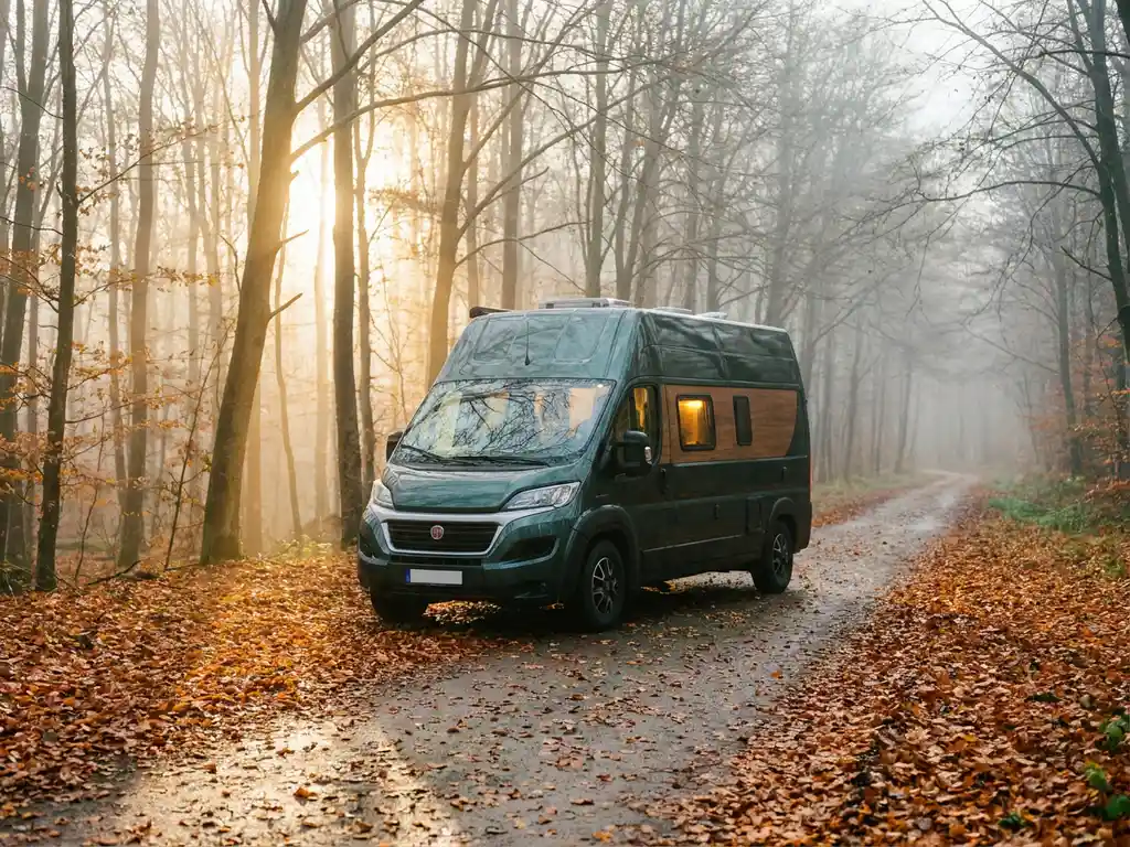 Moderne campervan op een mistige bosweg in de herfst, omringd door gouden bladeren en ochtendlicht.