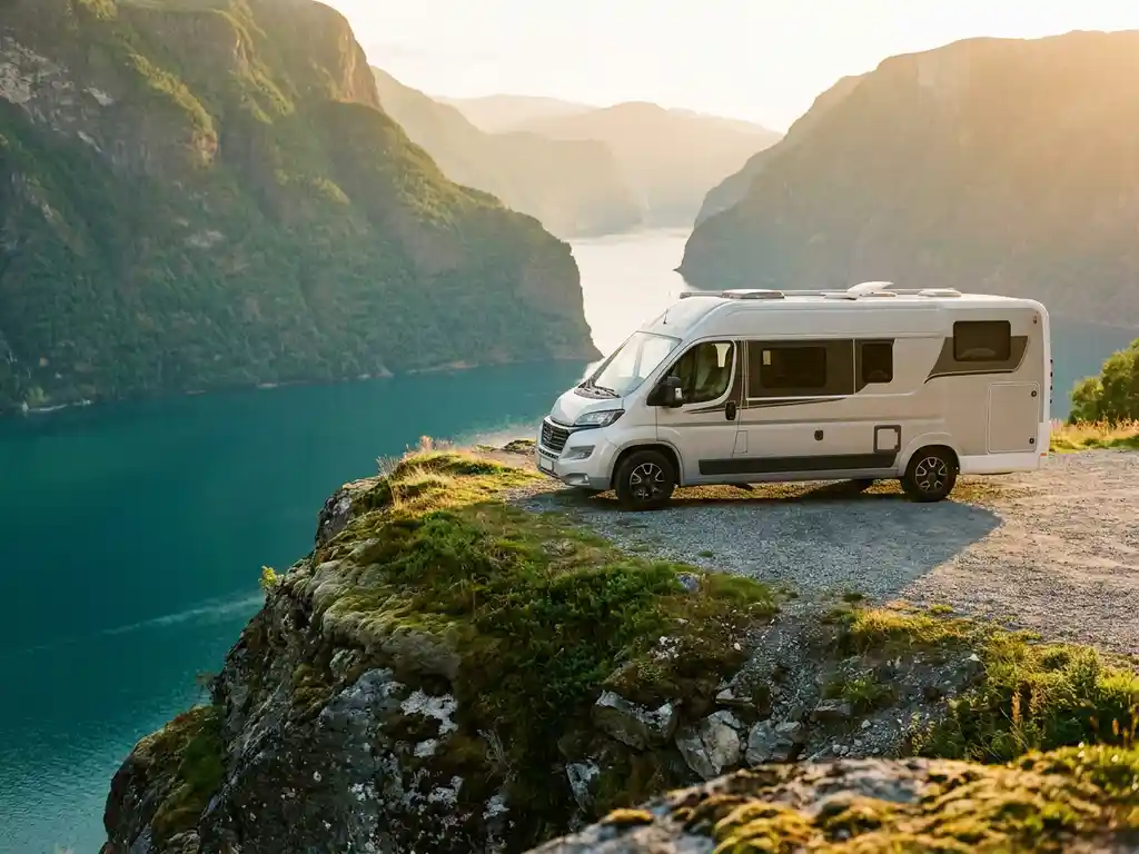 Witte campervan geparkeerd op een uitkijkpunt boven een Noors fjord met turquoise water en groene kliffen in zomers goudlicht.