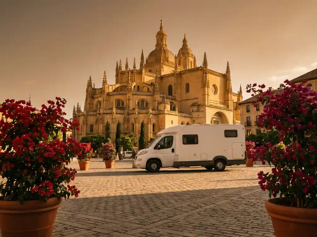 Witte campervan op een zonnig kasseienplein voor een Spaanse kathedraal met gouden zandstenen gevels en bougainvillea in terracottakruiken.