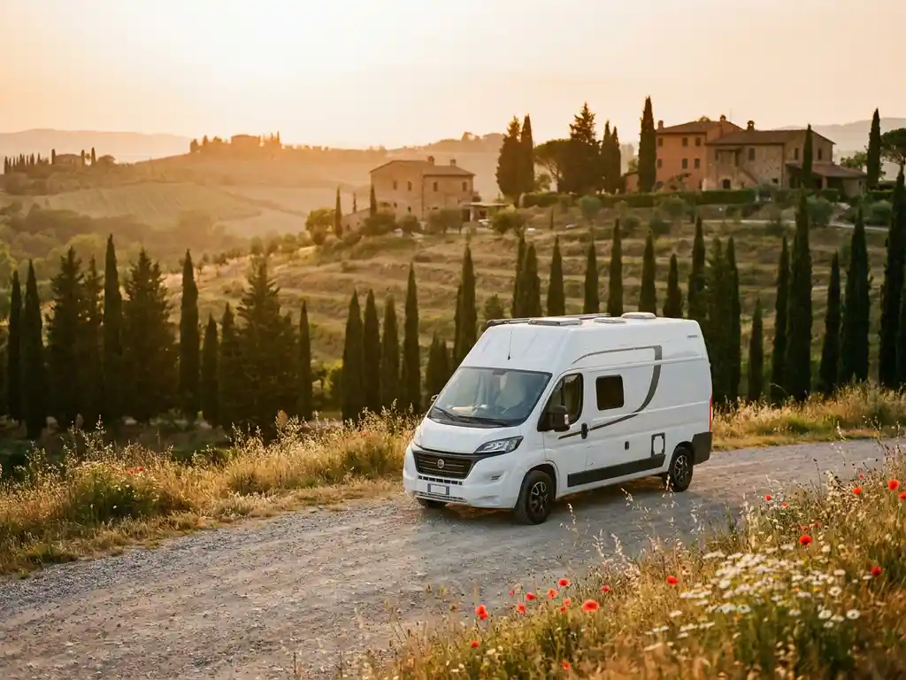 Witte campervan op een gouden Toscaanse heuvelbocht, omgeven door cipressen en terracotta boerderijen in het avondlicht.
