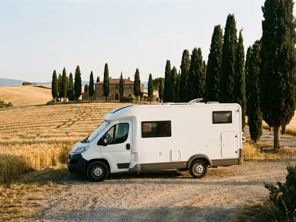 Witte campervan geparkeerd op Toscaanse heuvel met gouden korenvelden, cipressen en terracotta boerderij in gouduurlicht.