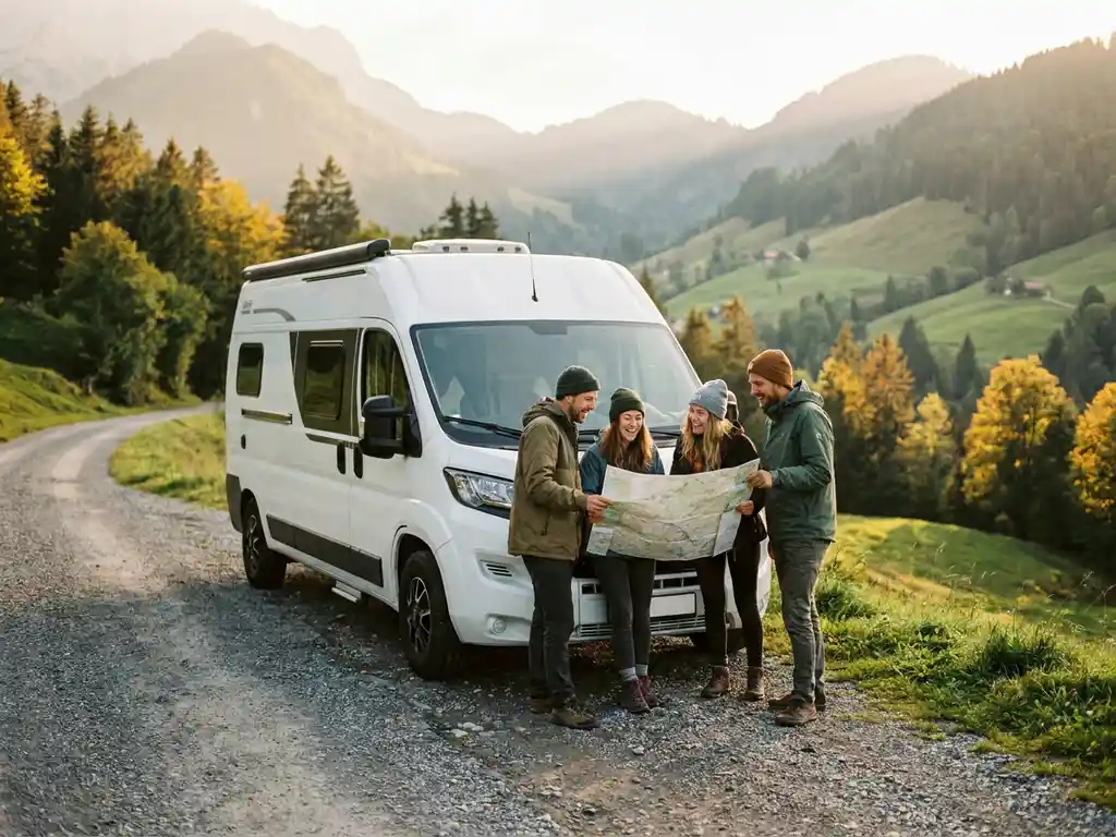 Vrienden lachen en bekijken een papieren kaart op de motorkap van een witte campervan op een schilderachtige bergweg in het gouden middaglicht.