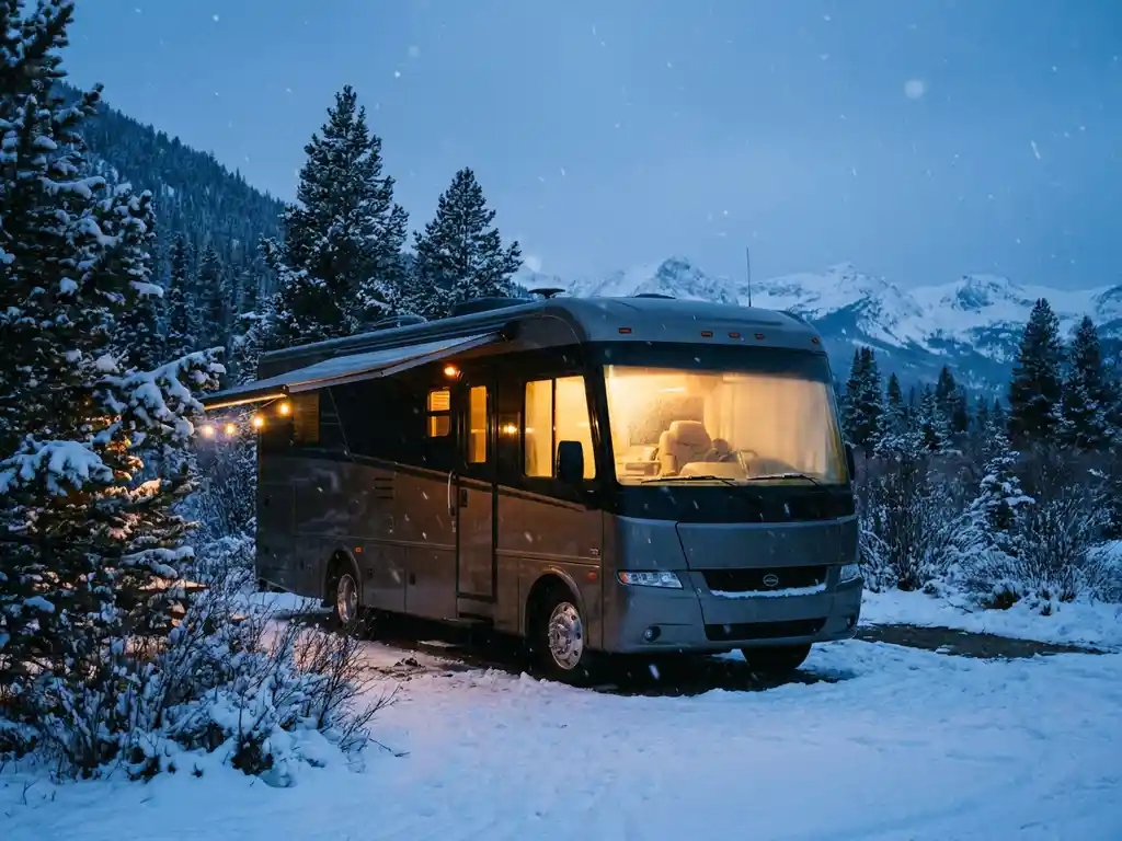 Moderne camper op besneeuwde alpine camping, omgeven door dennenbomen, met warm gouden interieurlicht in blauwe winterschemering.