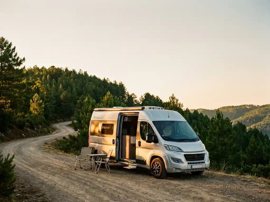 Moderne campervan op bergweg omringd door dennenbossen, met kampeerst oelen bij de open zijdeur in gouden avondlicht.
