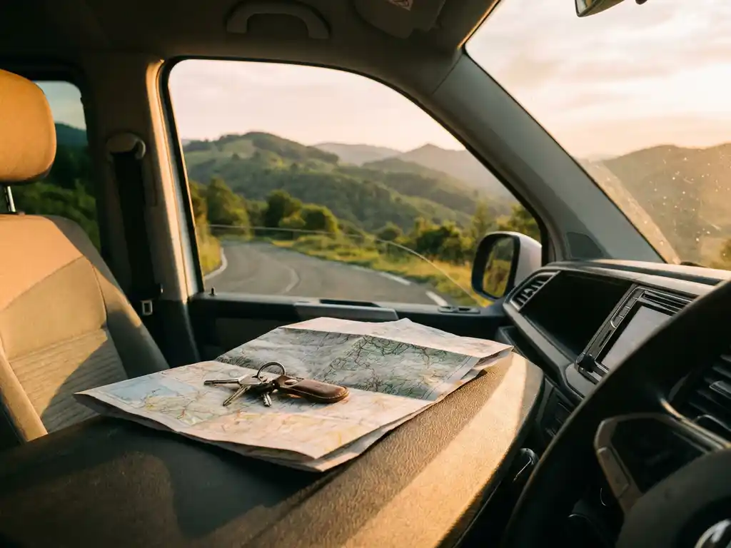 Witte campervan op bergweg bij gouden uur, met gevouwen wegenkaart en autosleutels op dashboard, groene heuvels op achtergrond.