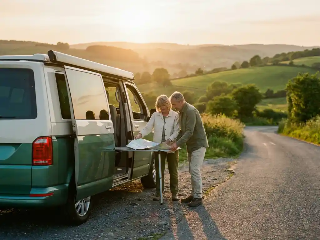 Stel eerste campervanbezitters die een papieren kaart bestuderen naast een glanzende moderne campervan op een schilderachtige weg tijdens het gouden uur.