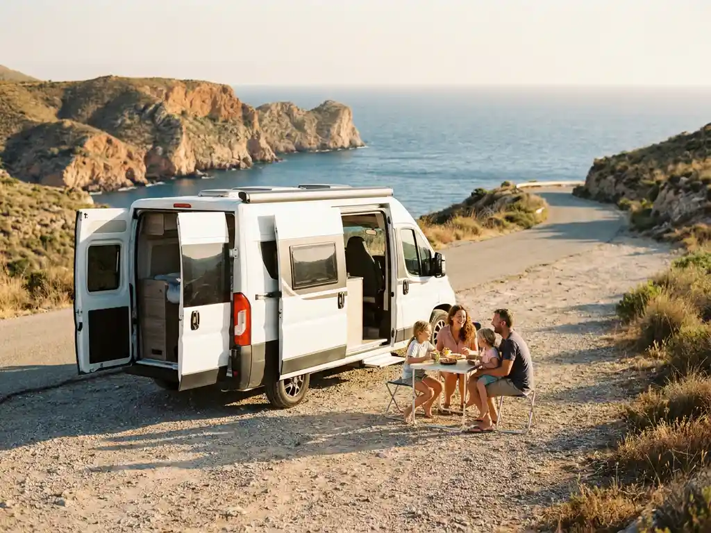 Gezin van vier lacht bij witte campervan op zonnige Spaanse kustweg, met terracottakliffen en Middellandse Zee op de achtergrond.