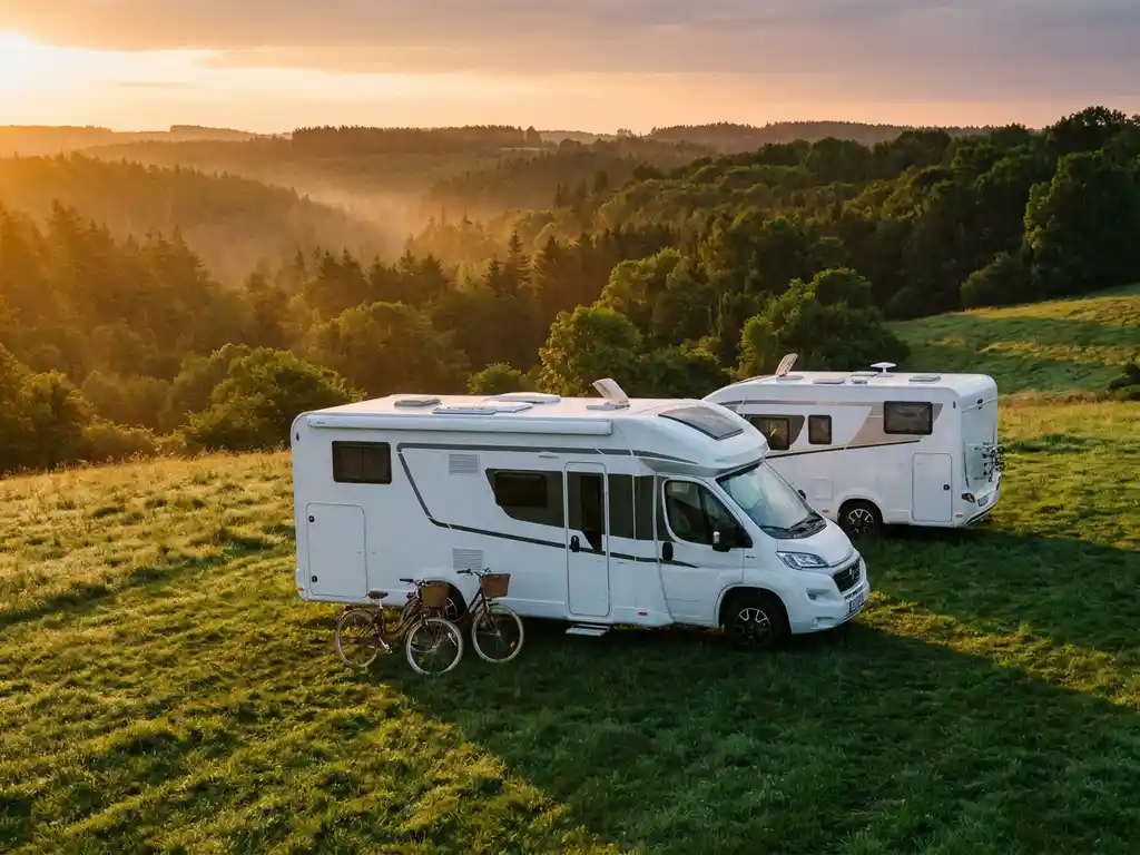 Twee witte campervans geparkeerd op een groene heuvel met fietsen ertegenaan, gouden uurtje licht over een bebost dal.