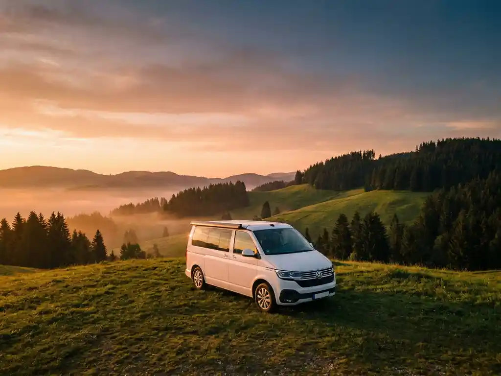 Witte campervan geparkeerd op een afgelegen, mistig heuvellandschap in Europa, omringd door dennenbos in gouden uurtjelicht.