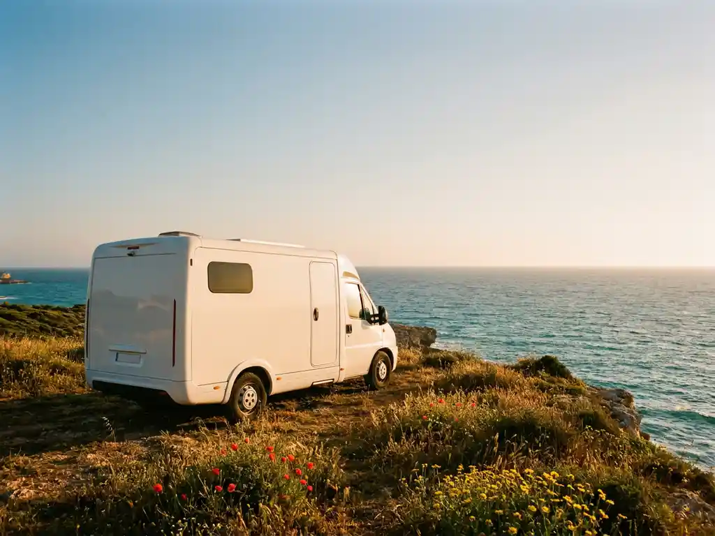 Witte campervan op klifrand boven turquoise Middellandse Zee bij gouden uur, met wilde bloemen langs de rand.