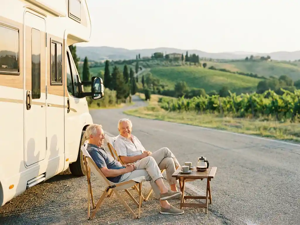 Ouder stel ontspant naast moderne campervan op Europese plattelandsweg, met koffie en glooiende groene heuvels in gouden avondlicht.