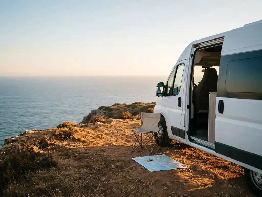 Witte campervan geparkeerd op een kustklif in Portugal, met openvouwde campingstoel en wegenkaart in goudkleurig middaglicht.