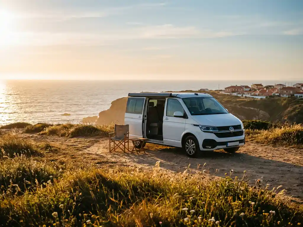 Witte campervan op een zonnige kustklif in Portugal, met de Atlantische Oceaan en een terracottadorp op de achtergrond.