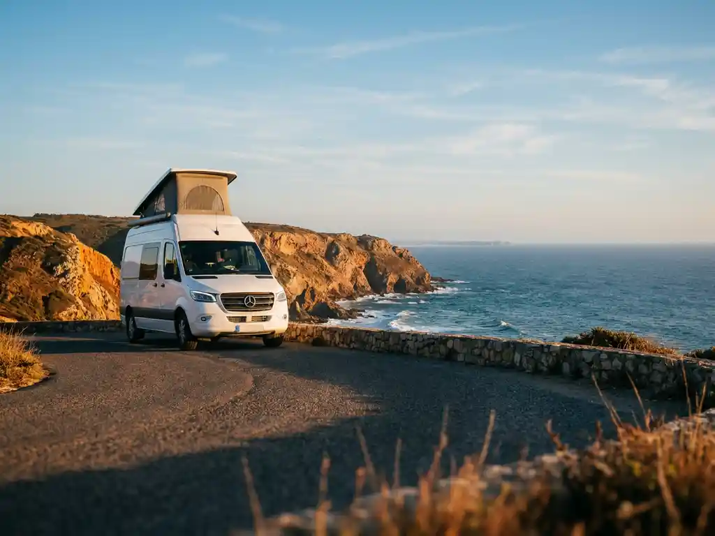 Witte campervan geparkeerd op kustweg langs Portugese kliffen met uitzicht op de Atlantische Oceaan in warm middaglicht.