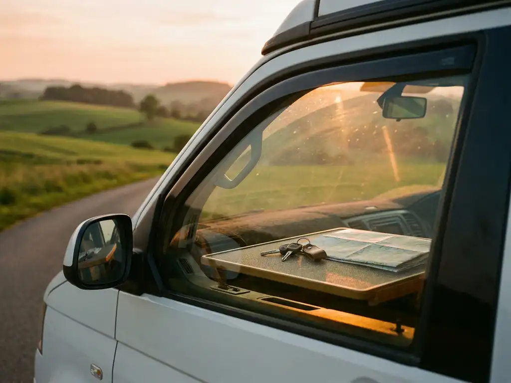 Witte campervan op een zonnige weg door groene heuvels, met autosleutels en gevouwen kaart op het dashboard in gouden avondlicht.