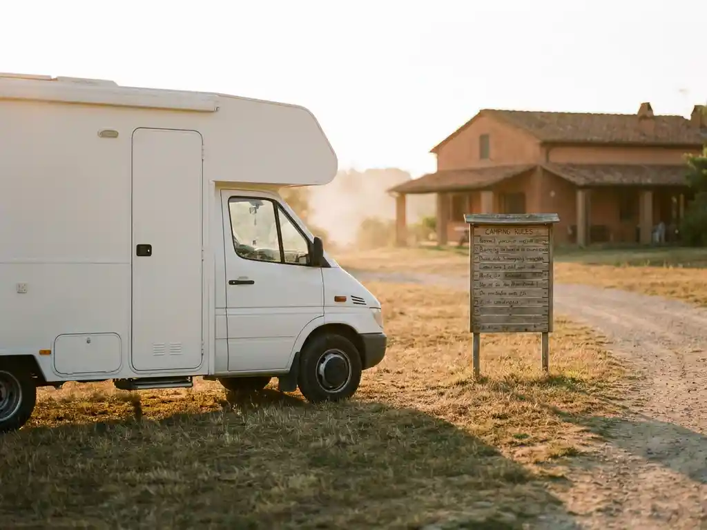 Witte campervan op een zonnig Spaans kampeerterrein met terracotta gebouw en mediterraan gras op de achtergrond.