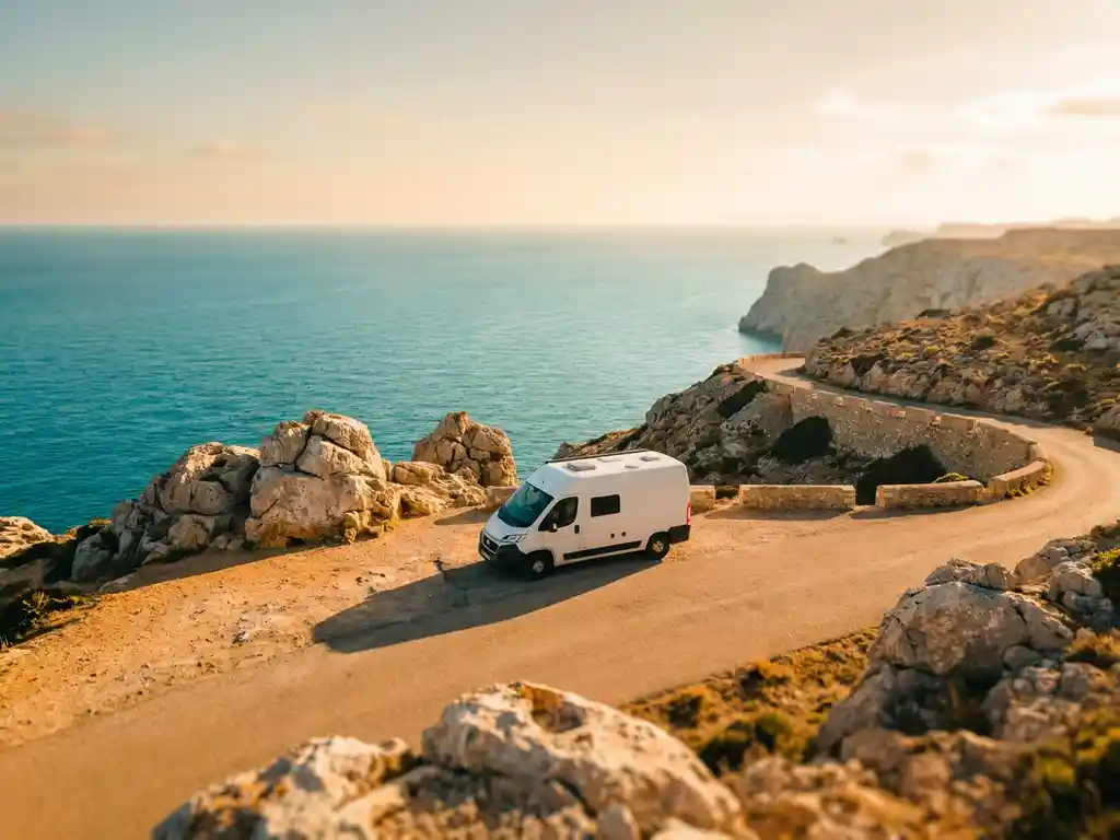 Witte campervan geparkeerd op een klif aan de Spaanse Middellandse Zeekust, turquoise zee en kronkelende kustweg op de achtergrond.