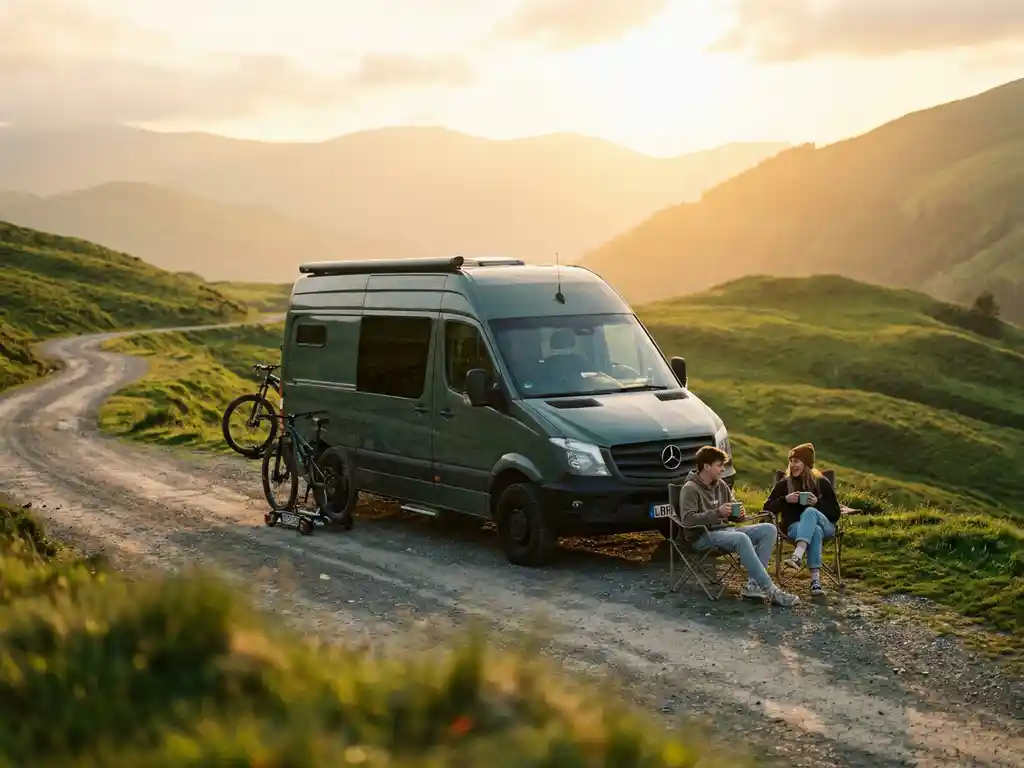 Twee tieners lachend op klapstoelen naast een moderne campervan op een bergweg, met groene heuvels en gouden avondlucht op de achtergrond.