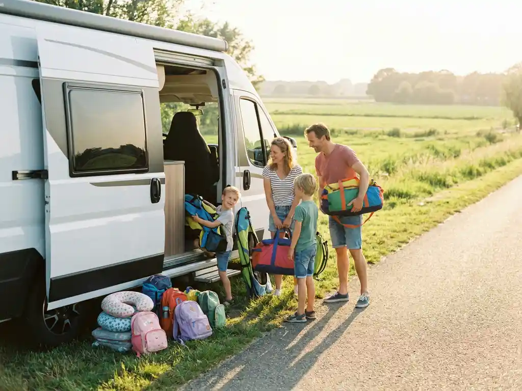 Gezin laadt kleurrijke bagage in witte campervan op zonnige Nederlandse plattelandsweg tijdens gouden uur.