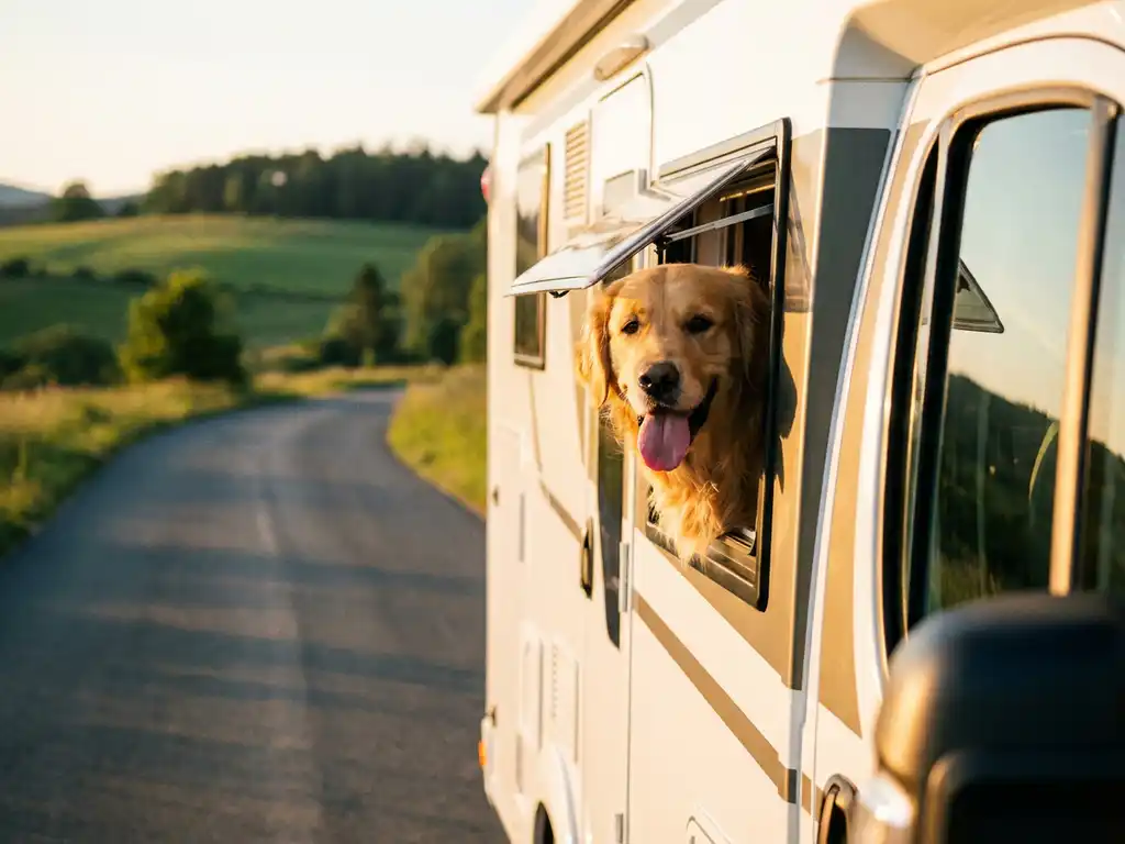 Vrolijke golden retriever steekt hoofd uit open raam van witte campervan op schilderachtige weg met groene heuvels in gouden avondlicht.