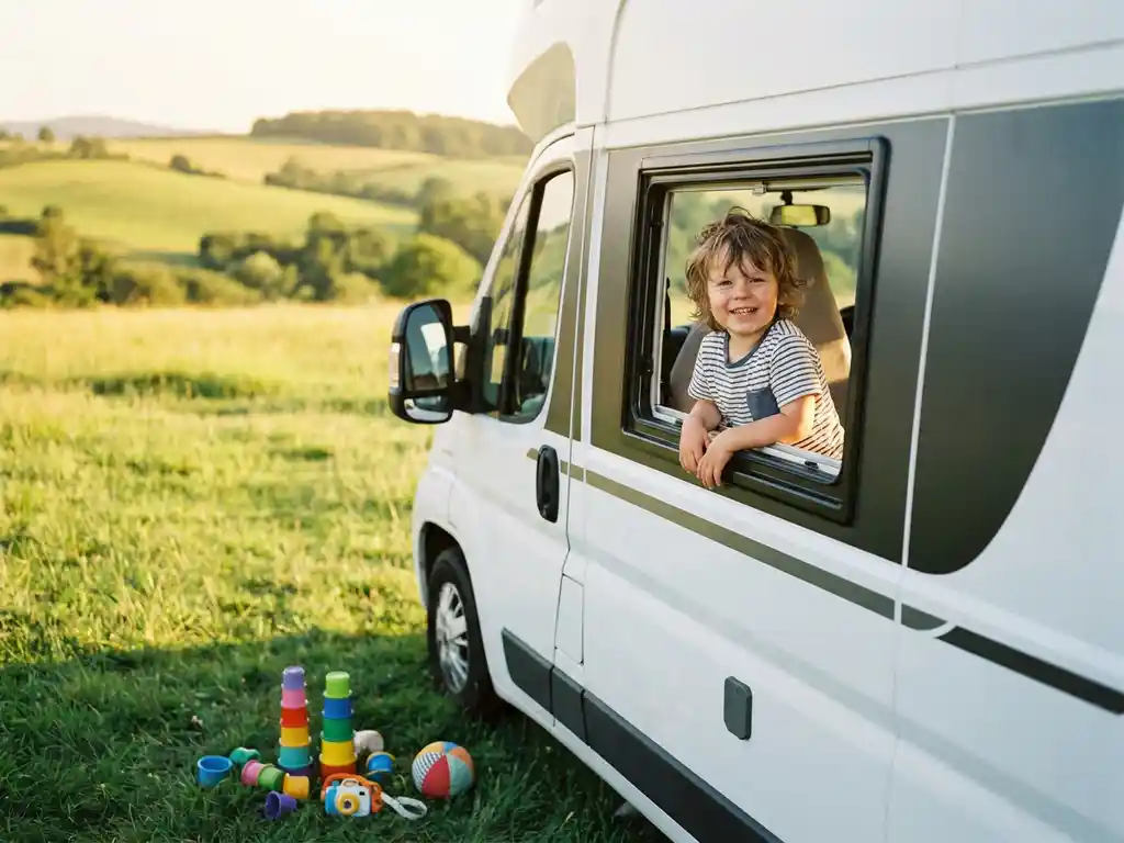 Vrolijk kind dat uit het open zijraam van een witte camper kijkt, met kleurrijk speelgoed op het groene gras in het zonlicht.