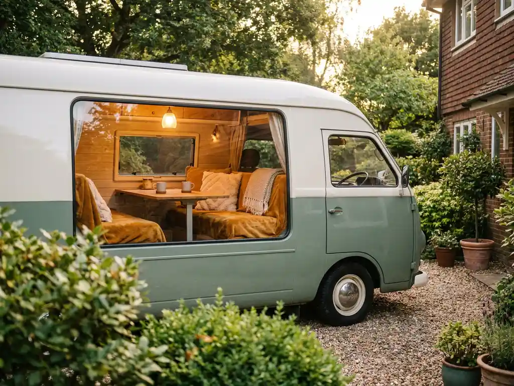 Moderne campervan op een oprit met warm verlichte interieur, kleine eettafel en zachte inrichting zichtbaar, omgeven door groen.